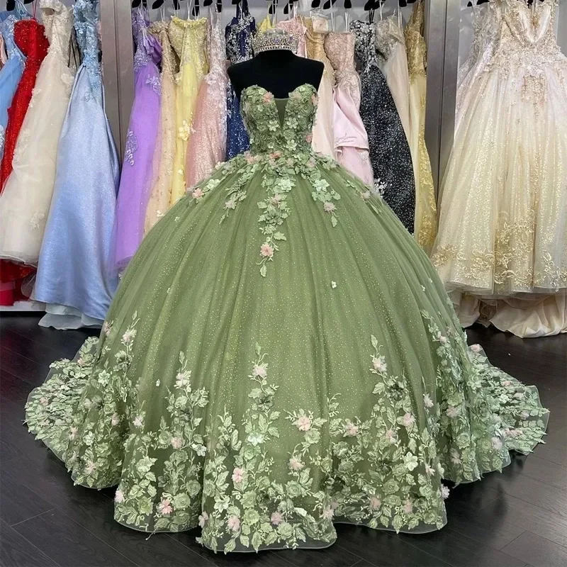 Зеленое бальное платье Quinceanera Платья Блестящие блестки Бисероплетение 3D