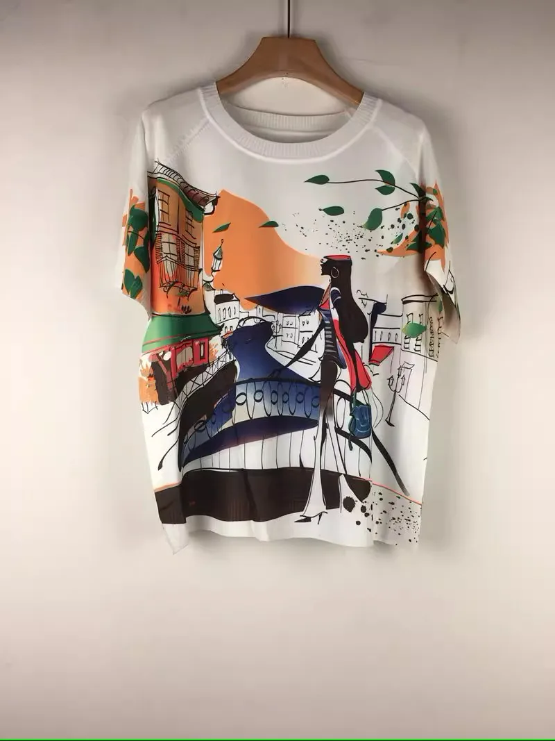 

Spanish style pullover short sleeve round neck ultra-thin print loose simple all-match women's knitted sweater