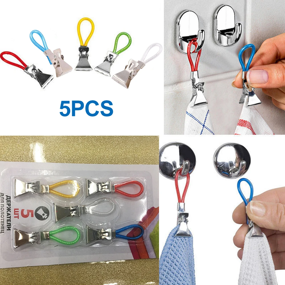 

5pcs Tea Towel Clips Hooks Loops Hand Towel Hangers Multifunctional Hanging Clips Metal Clothes Pegs Kitchen Bathroom Gadgets