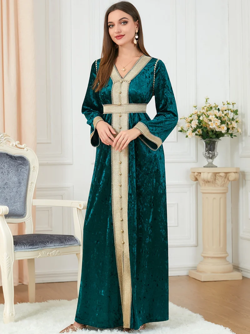 Muslim Abaya Dress Dubai Velvet Tape V-Neck Trim Belted Moroccan Kaftan Split Hem Maxi Dress Islam Oman Qatar Abayas For Women