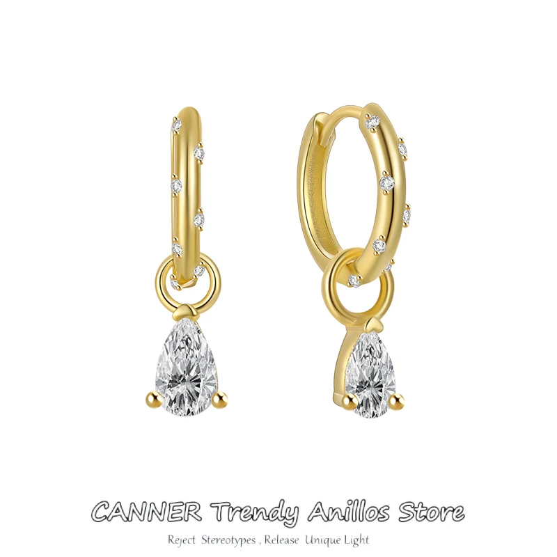 

CANNER 925 Sterling Silver Waterdrop Zircon Earrings For Women Korean Fashion Piercing Earrings Hoop Pendiente Wedding Jewelry