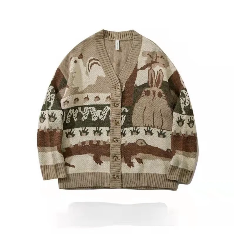 2021 осень и зима Ретро Мультфильм жаккардовый свитер Кардиган Свободный