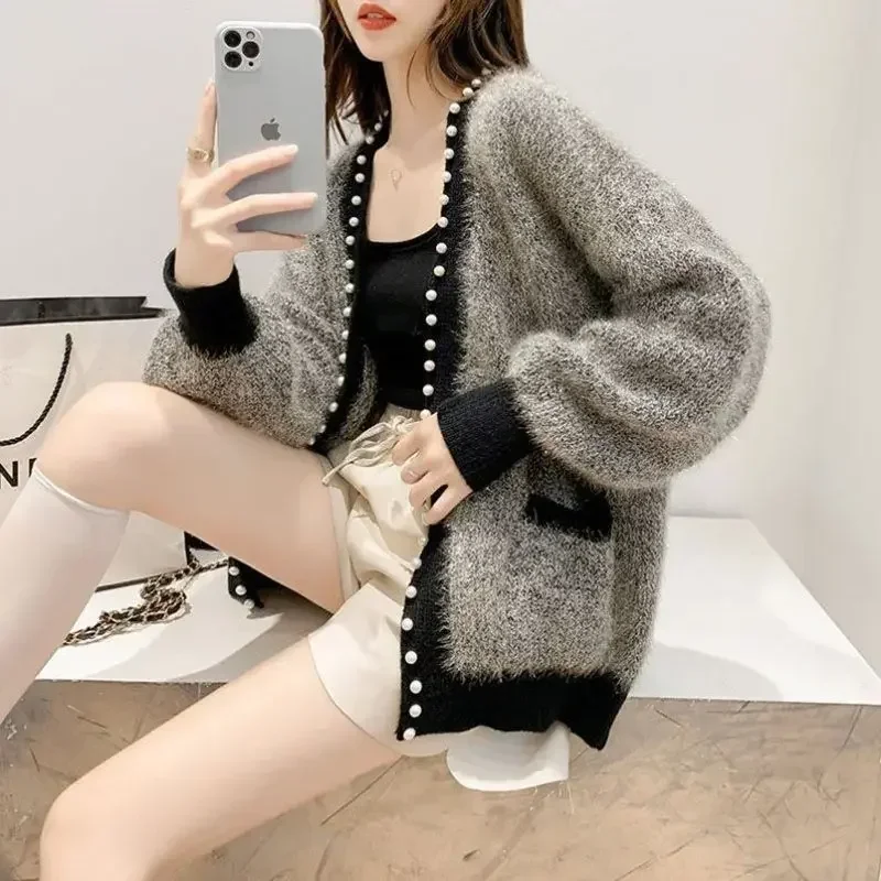 

Women's Sweater V-neck Cardigan Knit Tops for Woman Grey Y2k Vintage Winter 2023 Cold New Knitwear Crochet Autumn Fashion Korea