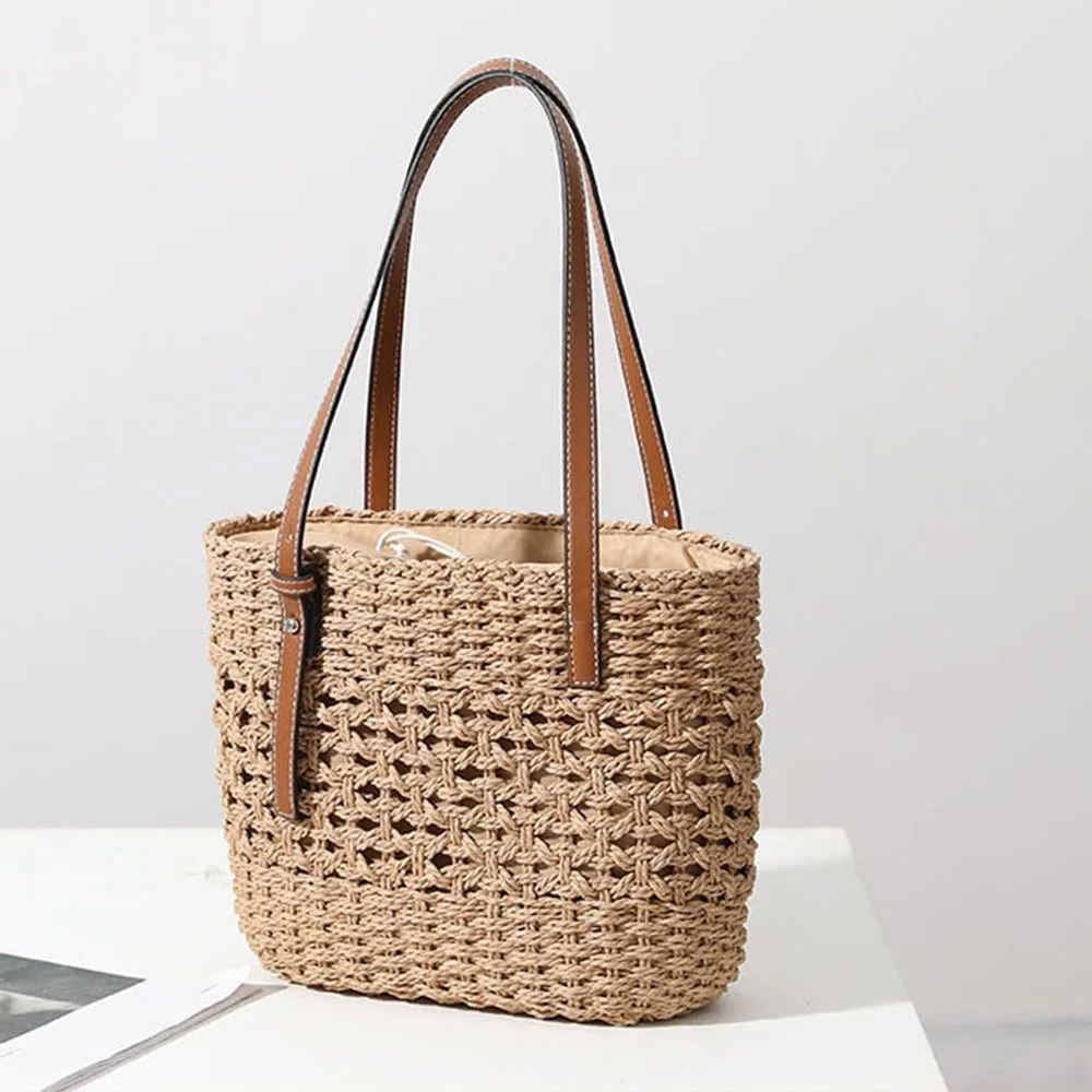 Vacation Beach Weave Tote Bag Large Capacity PU Leather Top-handle Casual Portable Braided Hollow Out Rattan Big Basket Satchel
