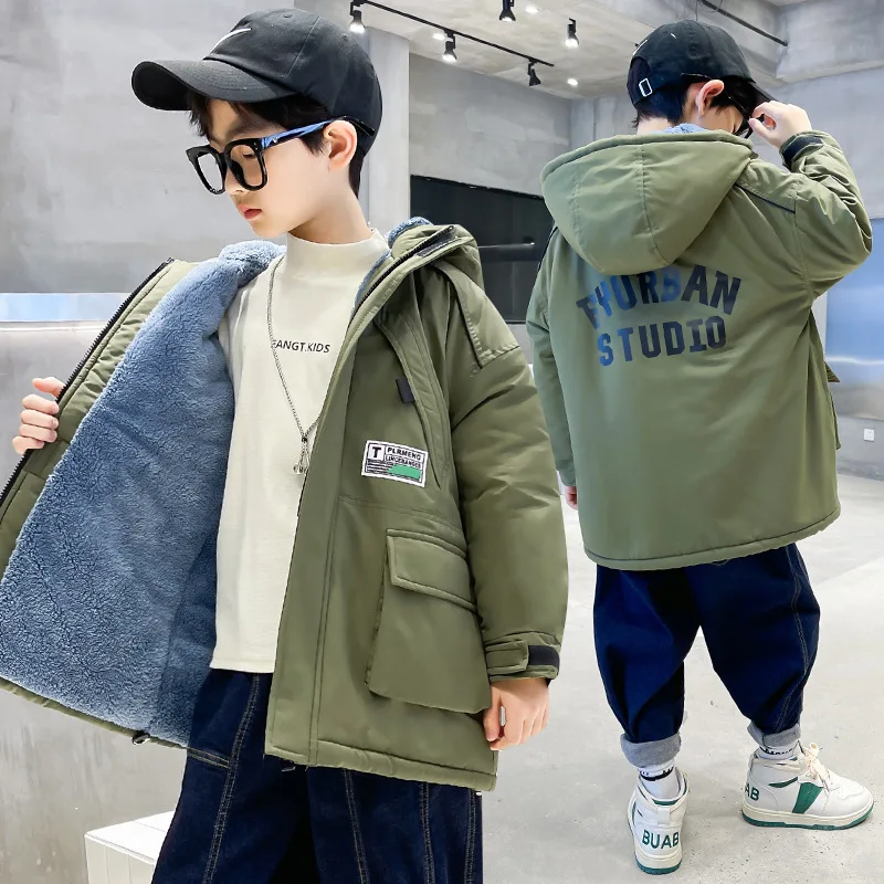 

Зимняя плотная теплая куртка для мальчиков, модное хлопковое платье с буквенным принтом, ветрозащитное пальто с капюшоном, детская одежда