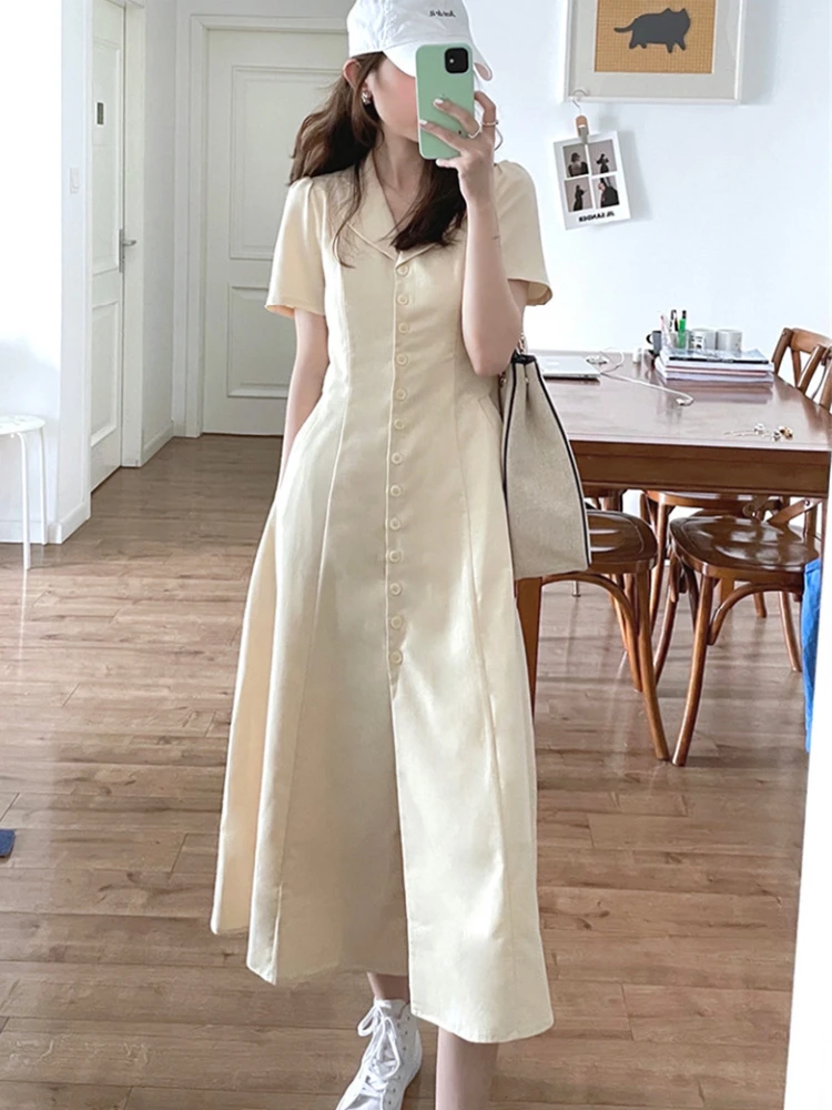 

Women's Summer 95% Cotton Long Shirt Dress 2022 Female Elegant Single Breasted Slim Waist A-line Maxi Sundress