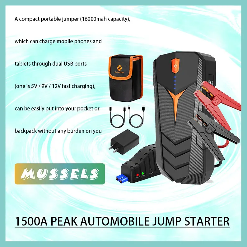

1500A Peak Car Jump Starter for Up to 8L Gas or 6.0L Diesel Engines for Car, SUV, Portable Power Bank with USB Quick Charge 3.0