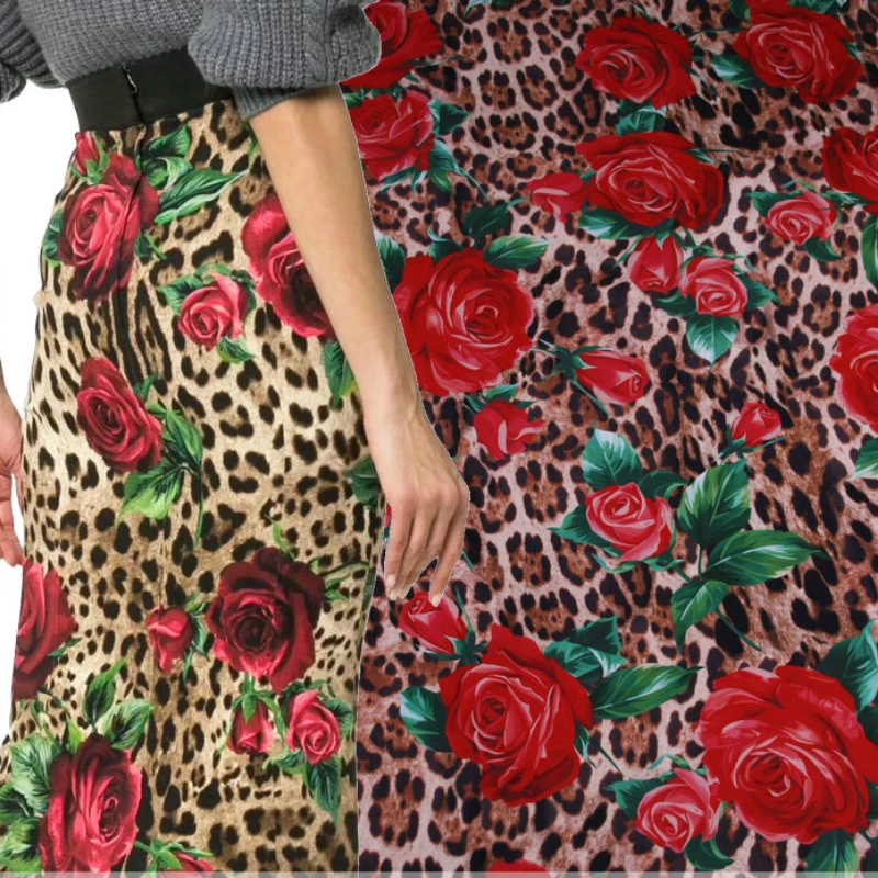 

Autumn Micro-elastic Drape Leopard Rose Print Clothing Handmade Diy Bag Hip Dress Polyester Fabric Cloth for Sewing