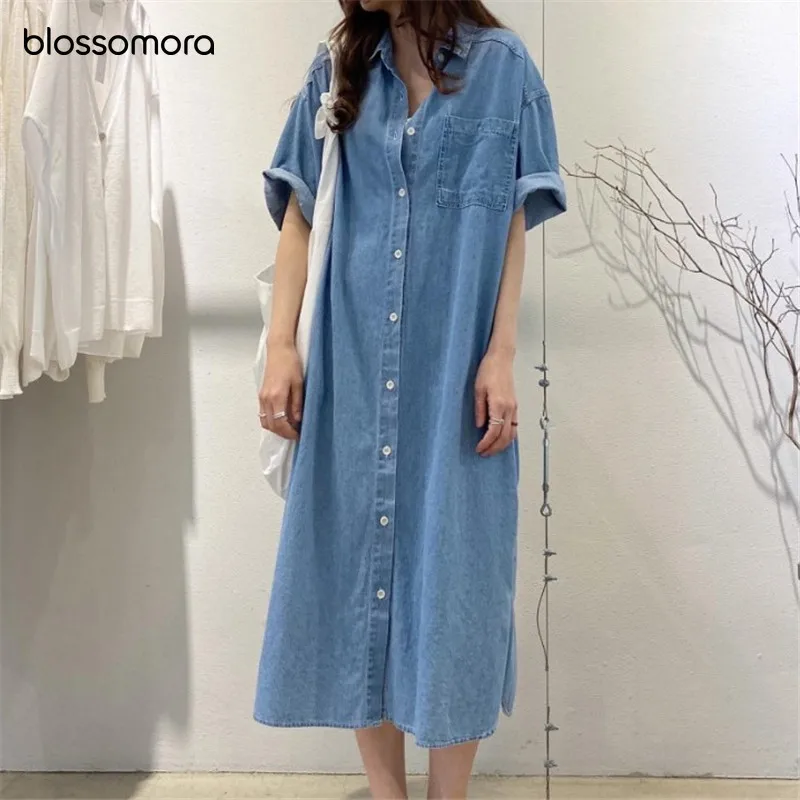 

Blossomora Blue Solid Denim Loose Vintage Dress Casual Short Sleeve Streetwear Slim Elegant Dresses Summer Vestidos Women