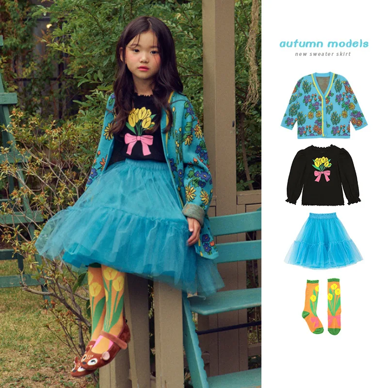 

Korean Children's Clothings Cardigan Sweaters 2022 Winter Female Girls Knitted Flower Sweaters Sweatshirts Princess Dress Skirt
