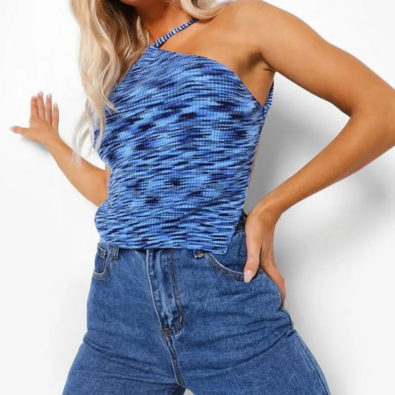 

Printed Knitted Cropped Top Y2k Asymmetrical One-shoulder Corset Top Women's Backless Beach Camis Retro Vacation Undershirt