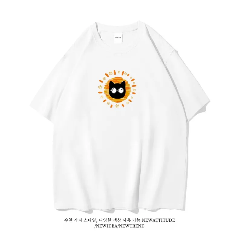 Xiaoxiao Sales Department/Summer Too Hot Sunglasses Black Cat Fun Short sleeve T-shirt Boys and Girls Pure Cotton T-s...