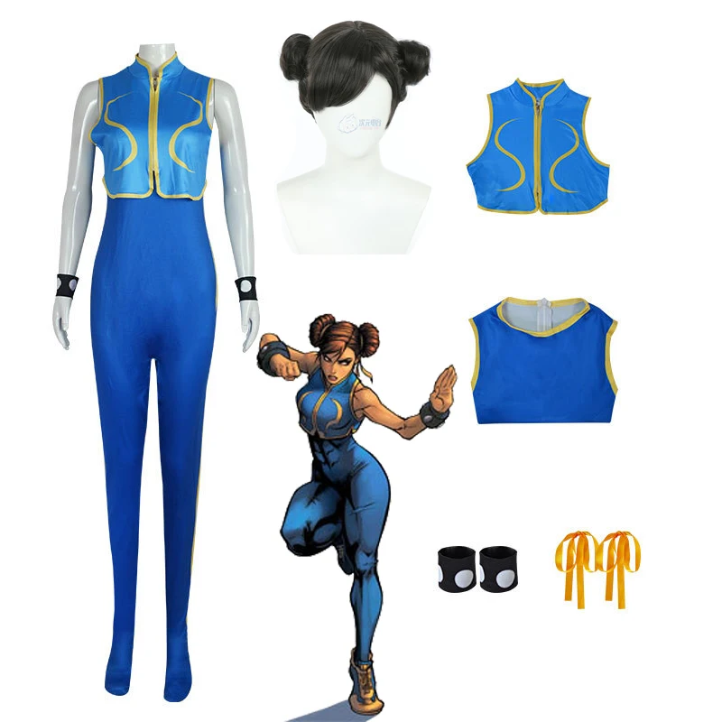 

Games Chun Li Cosplay Costume Blue Bodysuit Battle Game Bodysuits Women Girls Chun-Li Suit with Bracelet and Hair Ties