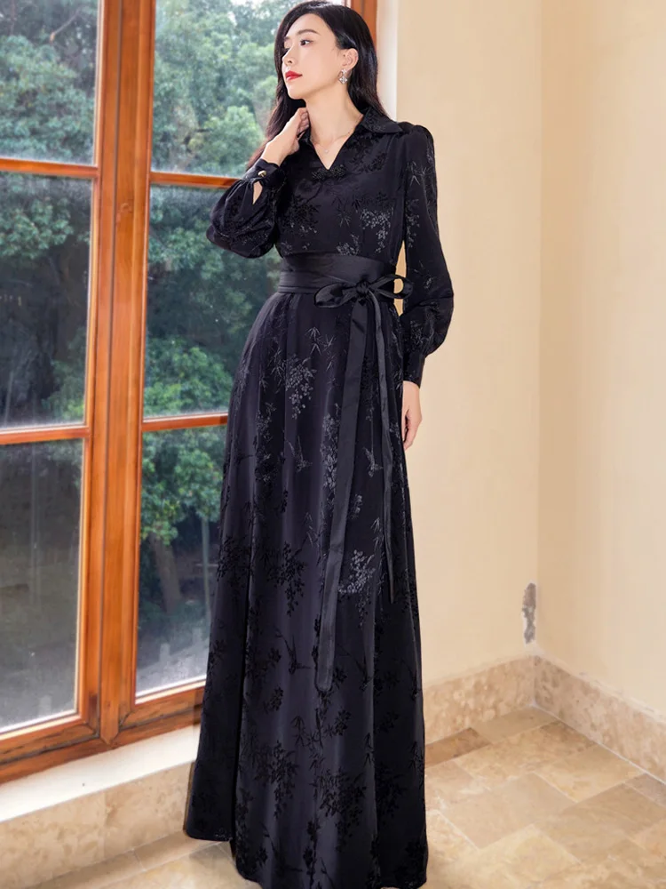 Новые женщины весна лето черное платье длиной до пола Мода изысканный V-образный