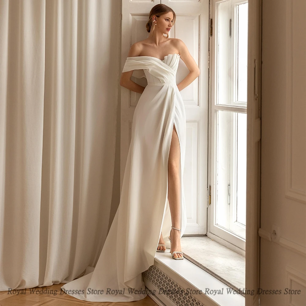 

Simple A line Wedding Dresses High Slit Satin 2022 Summer Open Back Draped Off-the-shoulder Sash Floor Length Gowns Robe De Ma