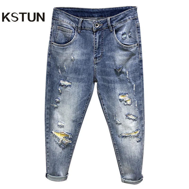 

Ripped Jeans Men Blue Stretch Capris Pants Destroyed Frayed Mens Jeans Pants Ankle Length Trousers Begger Distressed Baggy Pants