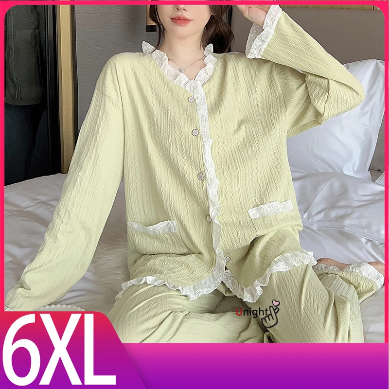 

Женская Хлопковая пижама, женская одежда для отдыха из двух предметов, пижама с длинным рукавом, чистый Пижама 6XL, женская пижама