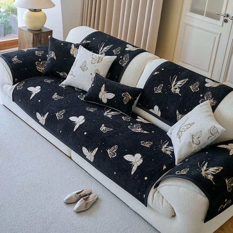 Modern Chenille Sofa Cover Butterfly Embroidery Cushion Four Season Universal Couch Mat Living Room Anti-slip