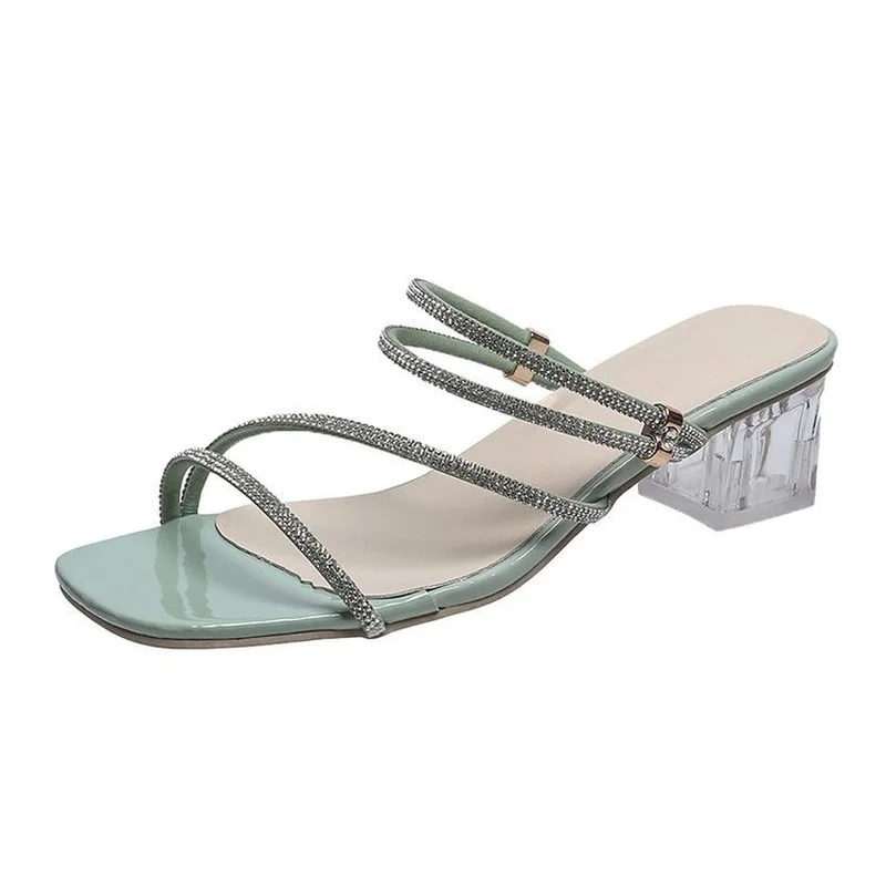 

Summer 2022 New Rhinestone Sandals Women's Fashion Square Toe Open-toe Sandals Crystal Thick Heels Plus Size 43 Slippers