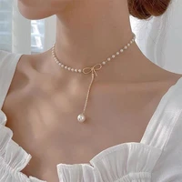 2022 fashion sweet korean style imitation pearl clavicle necklace women personality chain bow knot rhinestone pendant jewelry