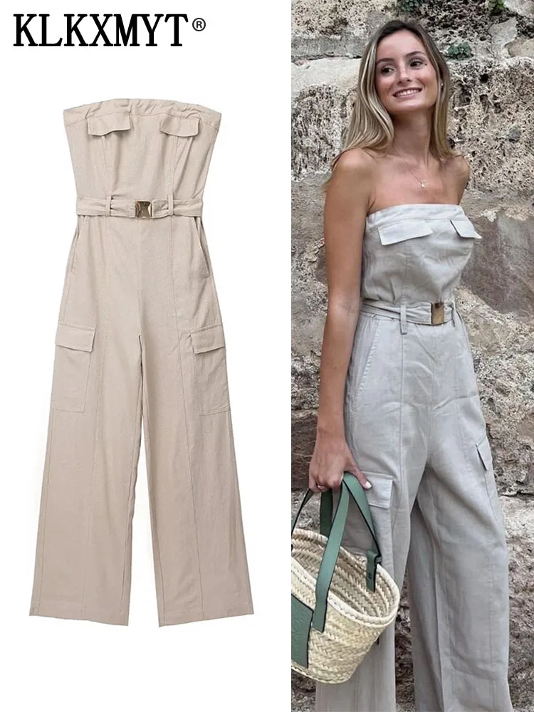 

TRAF 2023 Cargo Long Jumpsuits Woman Off Shoulder Wide Leg Jumpsuit For Women Streetwear Backless Jumpsuit Summer Belt Jumpsuits
