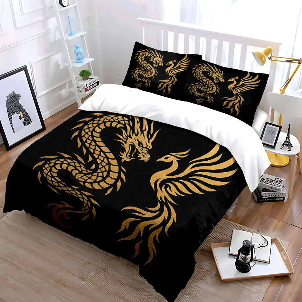 Комплект постельного белья Dragon Phoenix Art Decor Set с 1 пододеяльником и 2 наволочками, для односпальных, двуспальных, королевских и очень больших кроватей, подарок (art.: 3920dae95cb69) - 3920dae95cb69