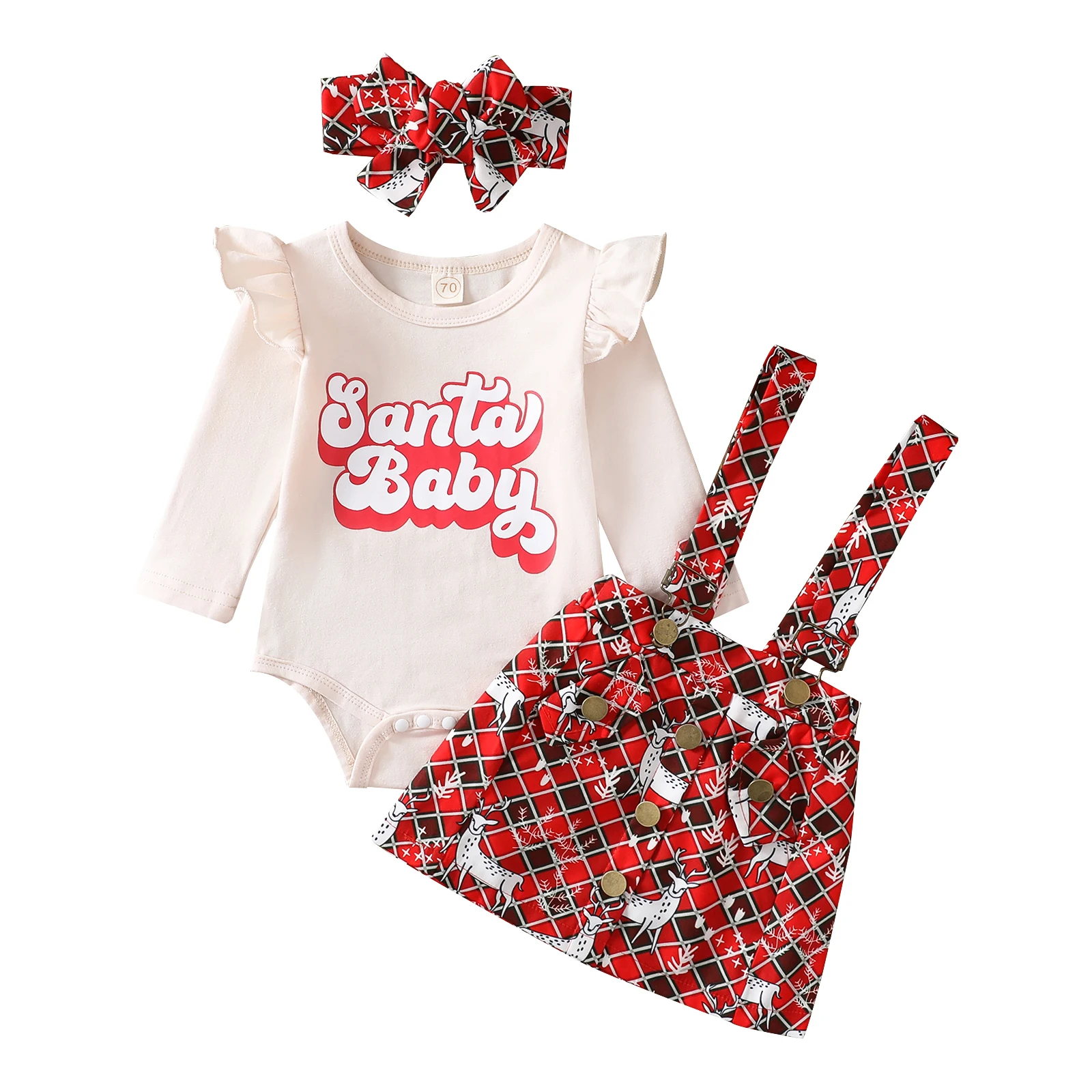 

Christmas Baby Girls Skirt Suit Long Sleeve Round Neck Loose Ruffle Romper Tops + Suspender Half Dress + Headband Xmas Clothes
