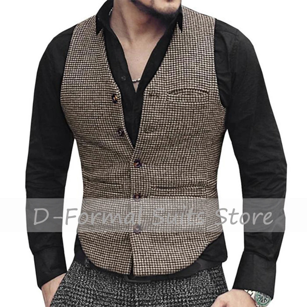 

Men's Houndstooth Steampunk Vest Casual Slim Fit Black Formal Business Best Man Costume Wedding سترات بدون أكمام