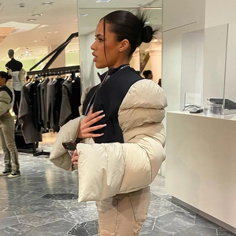 Warm Winter Women's New Fashion Stitching Quilted Puff Sleeves Street Shot Jacket Tops Long Sleeve Patchwork Parkas Bomber Coat