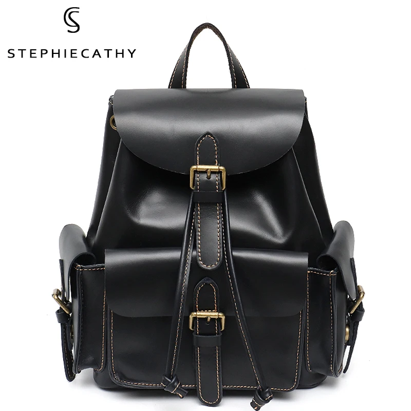

SC Vintage Genuine Leather Women Backpacks Casual Functional Pockets Flap Drawstring Shoulder Bags Unisex Real Cowhide Knapsack
