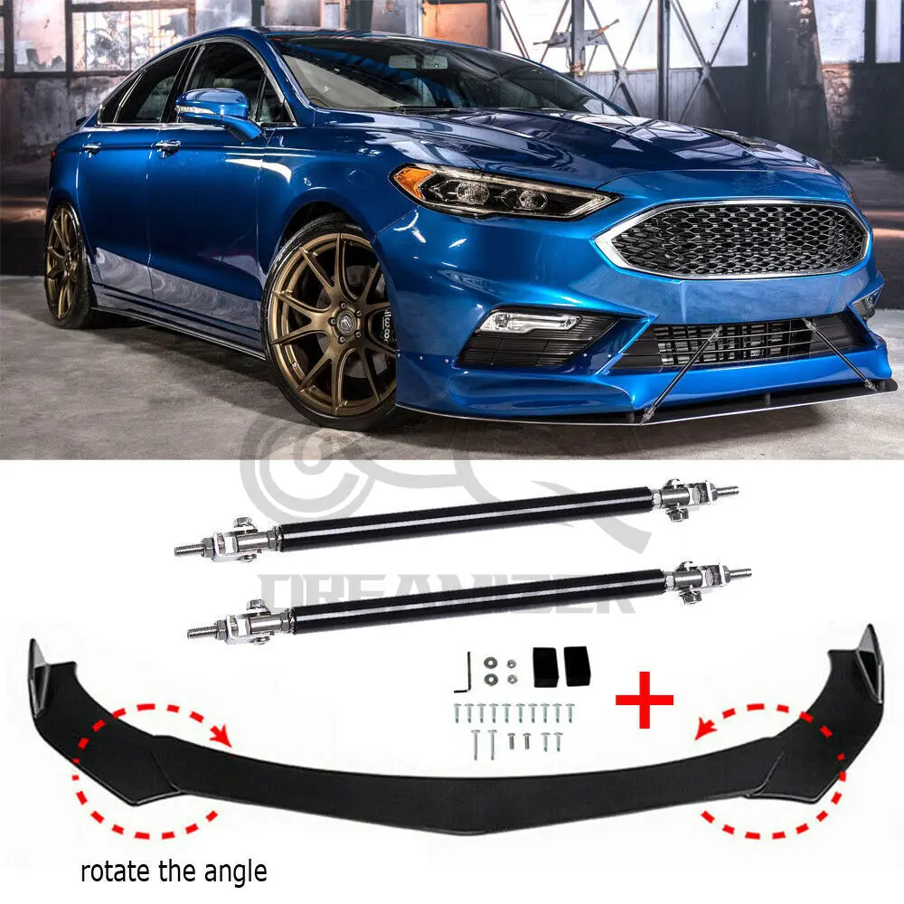 

4PCS For Ford Fusion 2006-2020 Car Front Bumper Lip Spoiler Splitter + Strut Rods Chin Body Kit Diffuser Protector Cover Guard