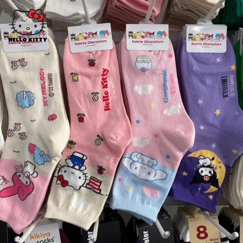 

Kawaii Sanrio, Hello Kitty My Melody Cinnamoroll детские носки с героями мультфильмов для девочек средней длины весенние осенние гольфы до колена
