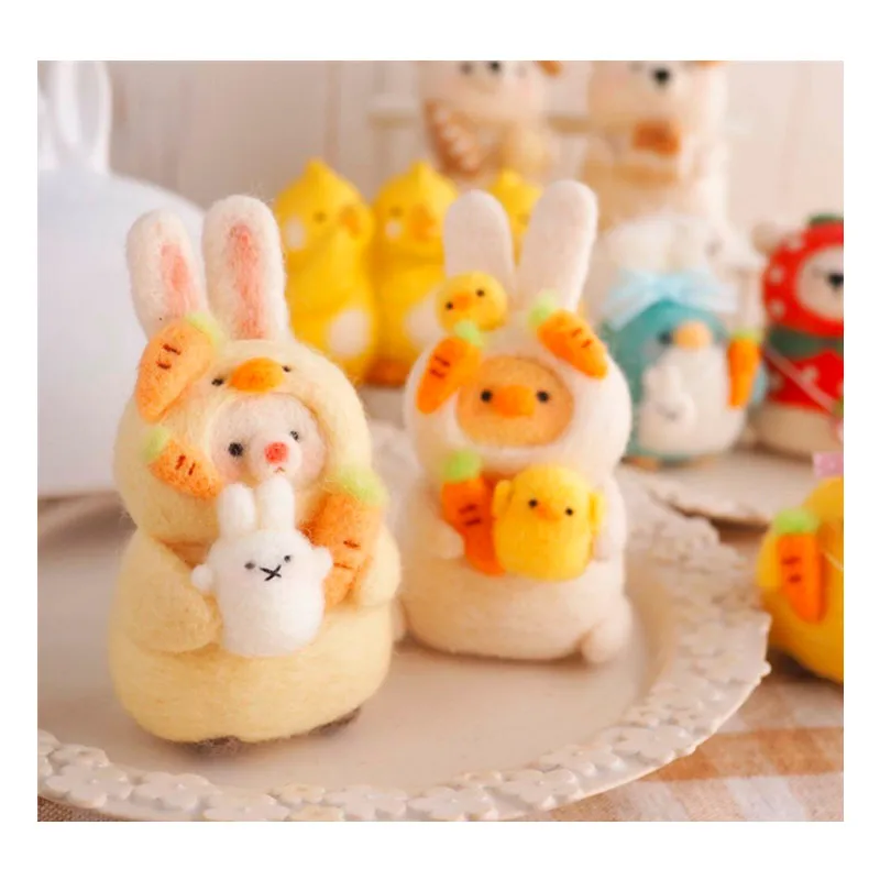 

White rabbit in yellow chicken clothes wool needlepoint kit wool felt needle felting decoration craft needlecraft DIY handmade