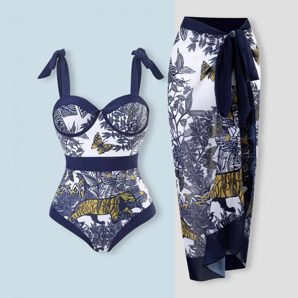 

1 Set Women Monokini Printed Strap Backless Vintage Retro Pool Wearing Polyester Lady Beach Monokini With Long Dress Surf Suit