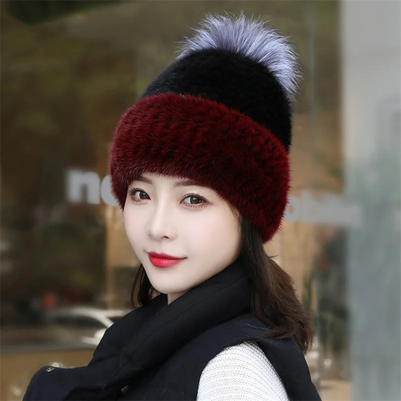 High Quality 2023 Women's Fur Hat Russian Winter Natural Mink Fur Woven Warm Hat Luxury Fox Fur Ball Charm Soft Thickened Hat
