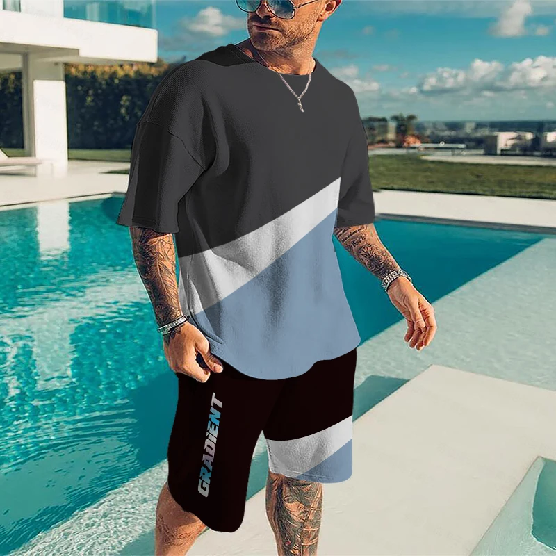 Summer Men's Casual Beach Shorts Set 3D Printed Color Digital Striped Crew Neck Street Short Sleeve Large Size Two-piece Set