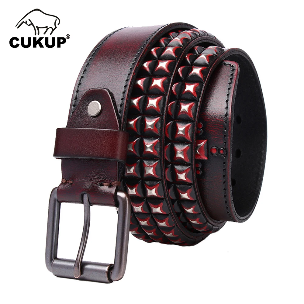 CUKUP Top Quality Pure Cow Cowhide Leather New Art Retro Style Primitive Year Red Retro Belt Handmade Pagoda Rivet Belts for Men