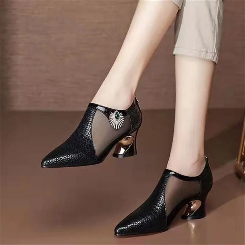 

Sapatos Femininas Fashion Sweet Mesh Breathable Spring & Summer Square Heel Shoes for Women Lady Cute Black Pumps