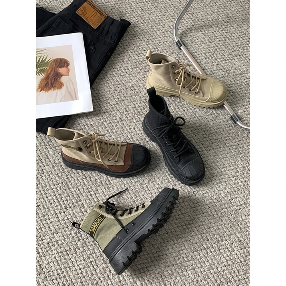 

Новинка 2023, женские текстильные ботинки, женская обувь на толстой подошве с круглым носком, женские ботильоны, винтажная женская обувь со шнуровкой