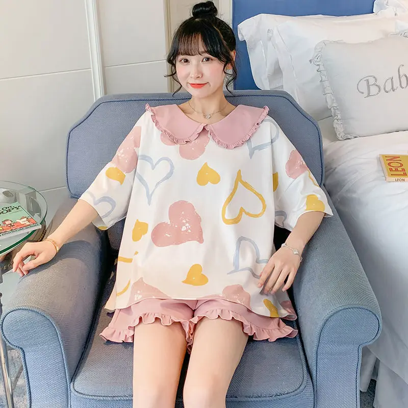 Nightwear Set For Women Two Piece Summer Short Sleeve Thin Sweet Korean Princess Pajama Sets Student Girl Lovely Home Clothes