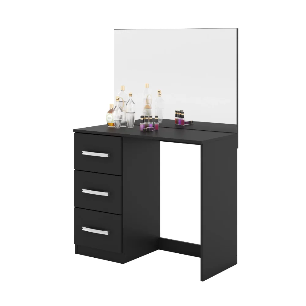 

Kira Modern Makeup Vanity Table with 3 Drawers, Wide Mirror, Black Painted, for Bedroom dressers