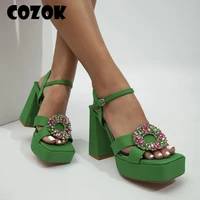 summer square head thick heel shining rhinestones buckle sandals sexy chunky platform sandals for women plus size 42