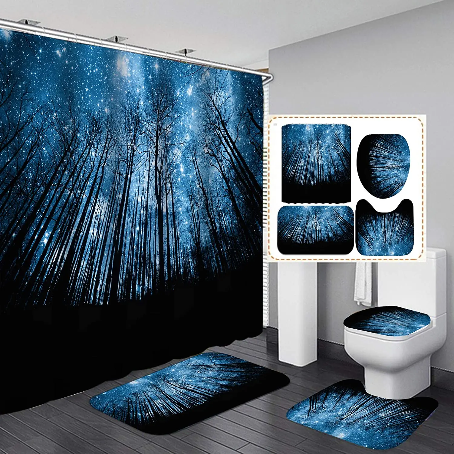 Занавеска для душа на тему ночного неба леса галактики высокого дерева синего
