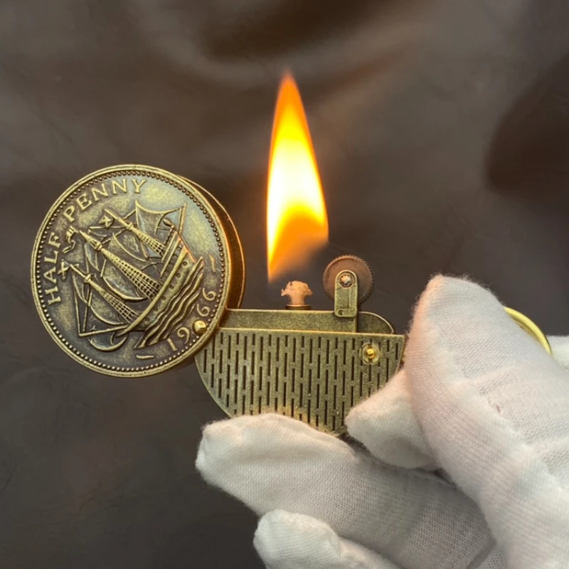 Retro Coin Keychain Lighter Metal Kerosene Lighter Portable Cute Collection Smoking Igniter Funny Gadgets Exquisite Gift for Men