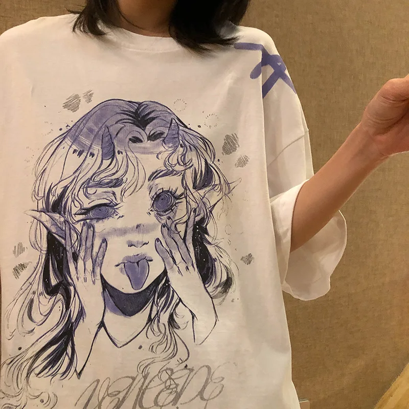 

Funny Skull Bone Dark Hell Gothic T Shirt Women Oversized Comic Girl Anime Japanese Fashion T-shirt Female Cartoon Streetwear
