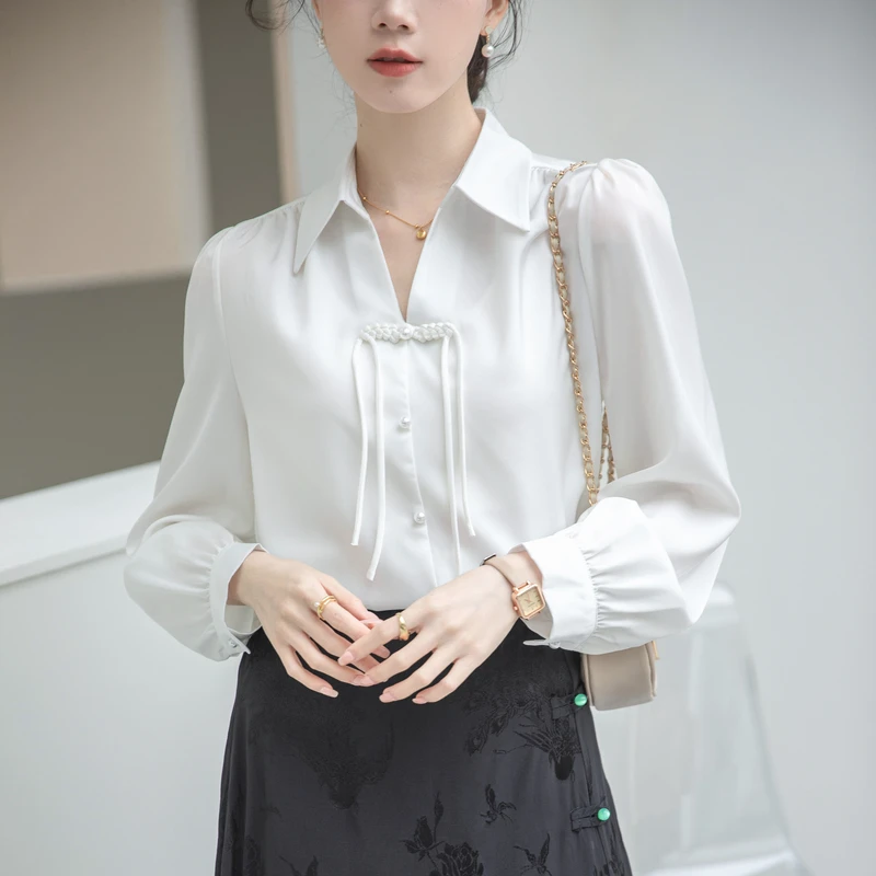 Женская атласная рубашка с длинным рукавом офисный топ в китайском ретро-стиле