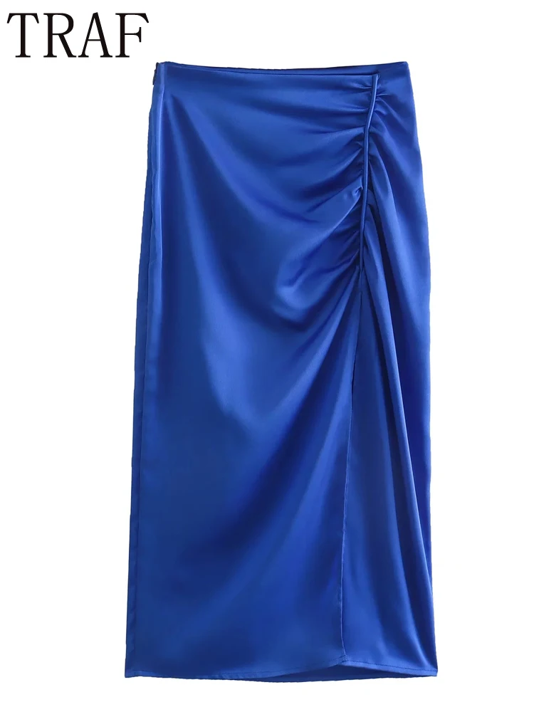 

TRAF 2022 Blue Long Skirts Women Draped High Waist Midi Skirt Woman Elegant Slit Satin Skirt Fashion Ruched Tight Wrap Skirt