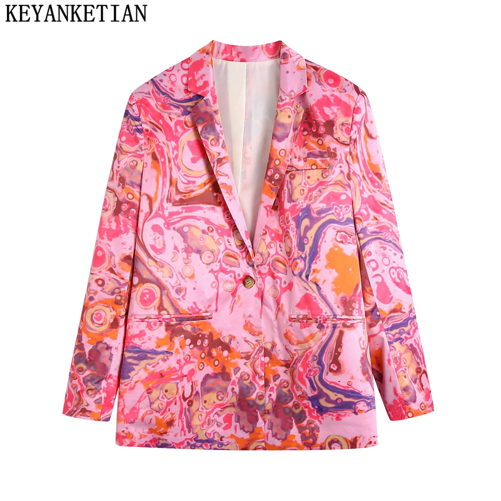 

KEYANKETIAN 2022 spring and autumn new retro style abstract painting smudge print suit ladies single button jacket top