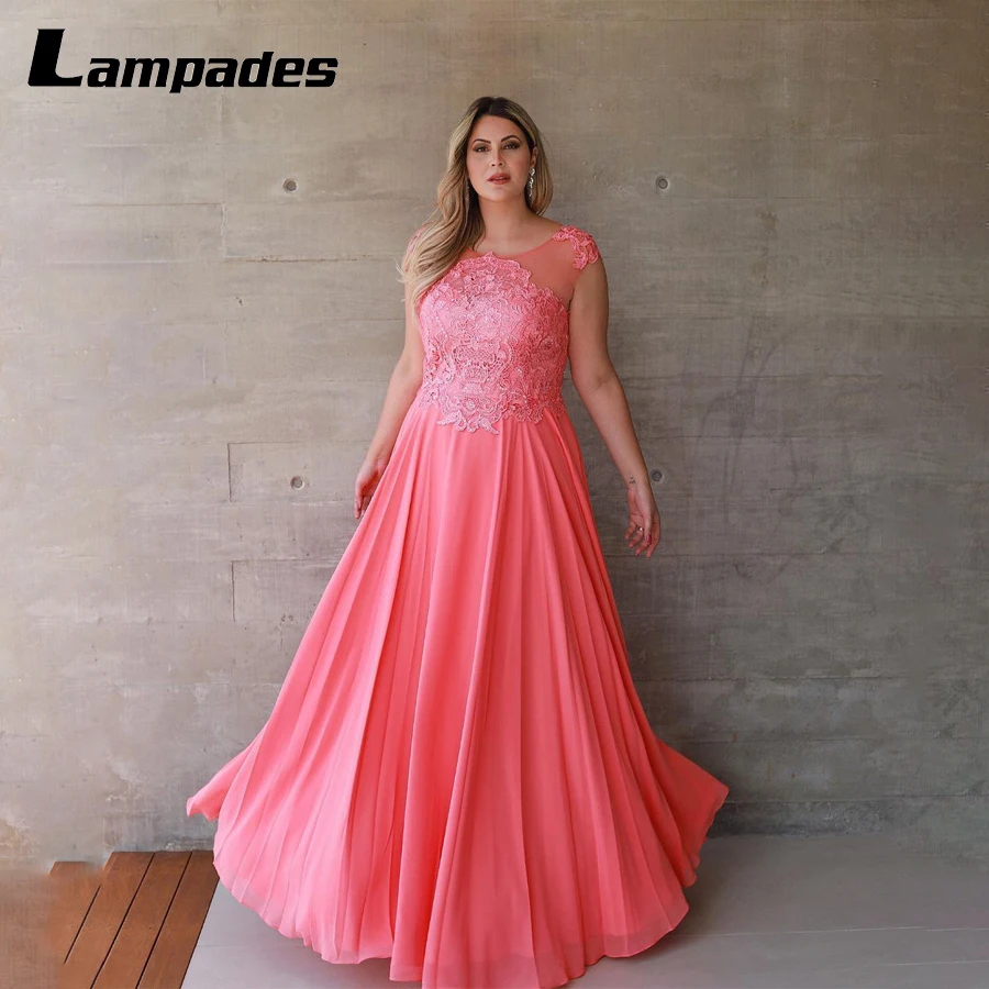 

High Neck Lace and Chiffon Coral Mother of the Groom Dress Plus Size Customized Vestido De Fiesta Mujer Para Una Boda