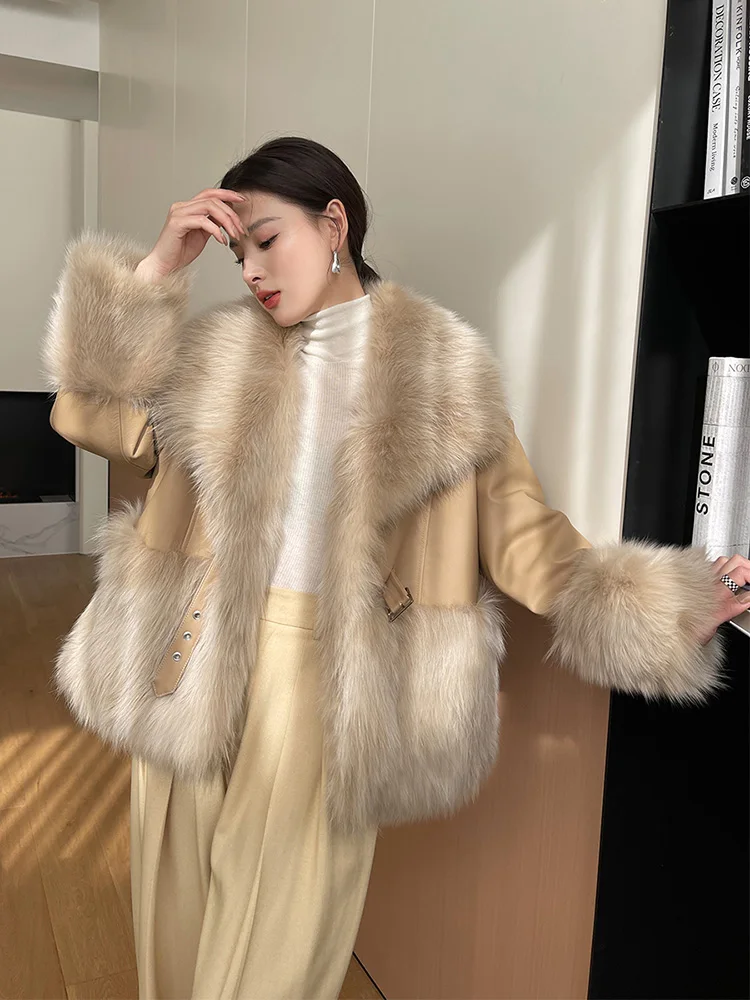 New Women Real Fur Coat Autumn Winter Fashion Casual Thick Warm Fox Fur Collar Stitching Sheepskin Fur Jacket Loose Outerwear